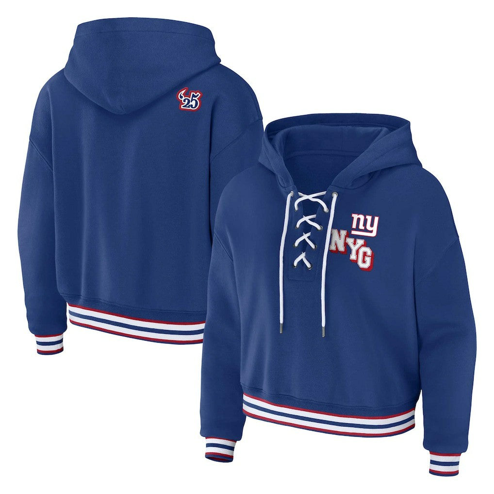 New York Giants WEAR by Erin Andrews Women's Plus Size Lace-Up Pullover Hoodie - Royal for sale