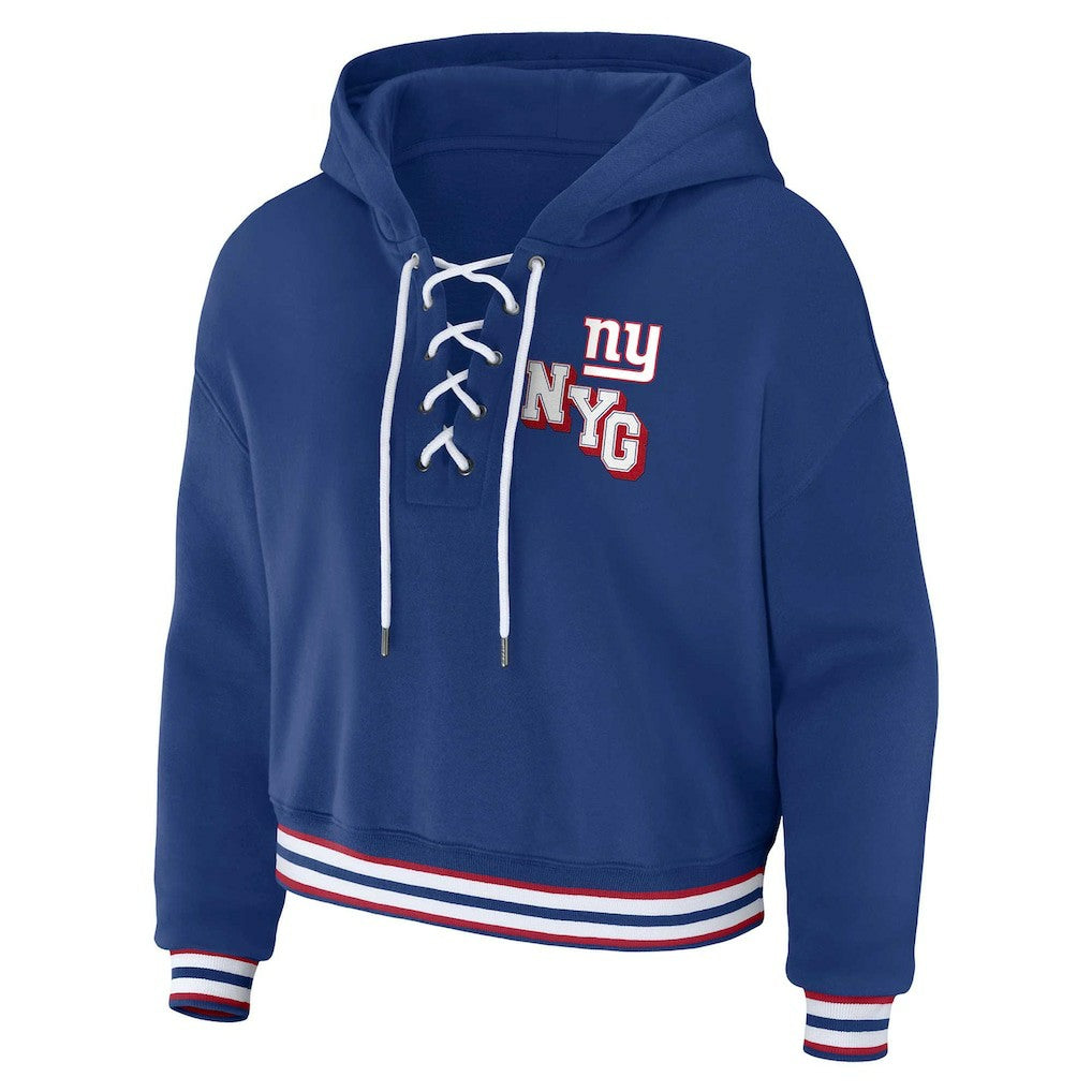 New York Giants WEAR by Erin Andrews Women's Plus Size Lace-Up Pullover Hoodie - Royal for sale