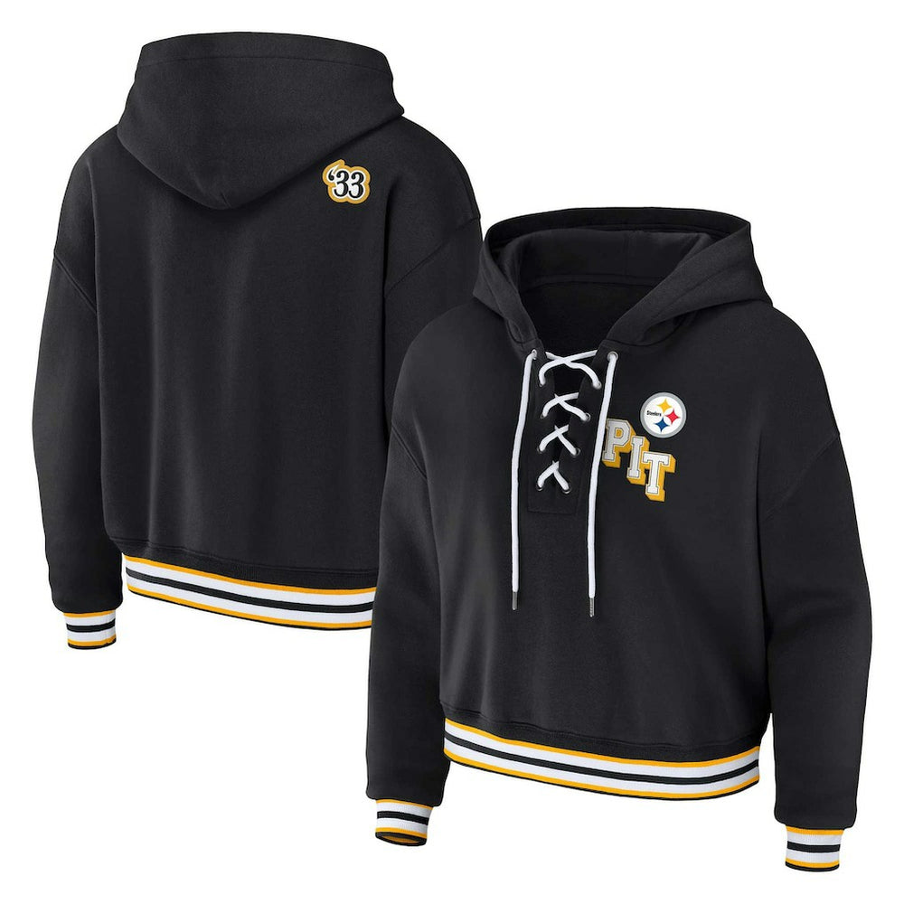 Pittsburgh Steelers WEAR by Erin Andrews Women's Plus Size Lace-Up Pullover Hoodie - Black for sale