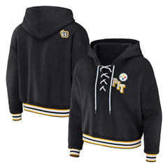 Pittsburgh Steelers WEAR by Erin Andrews Women's Plus Size Lace-Up Pullover Hoodie - Black for sale