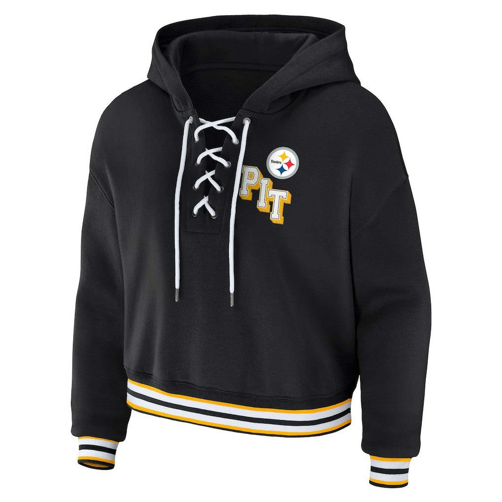 Pittsburgh Steelers WEAR by Erin Andrews Women's Plus Size Lace-Up Pullover Hoodie - Black for sale
