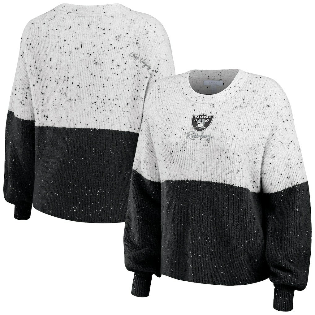 Las Vegas Raiders WEAR by Erin Andrews Women's Lighweight Modest Crop Color-Block Pullover Sweater - White/Black for sale