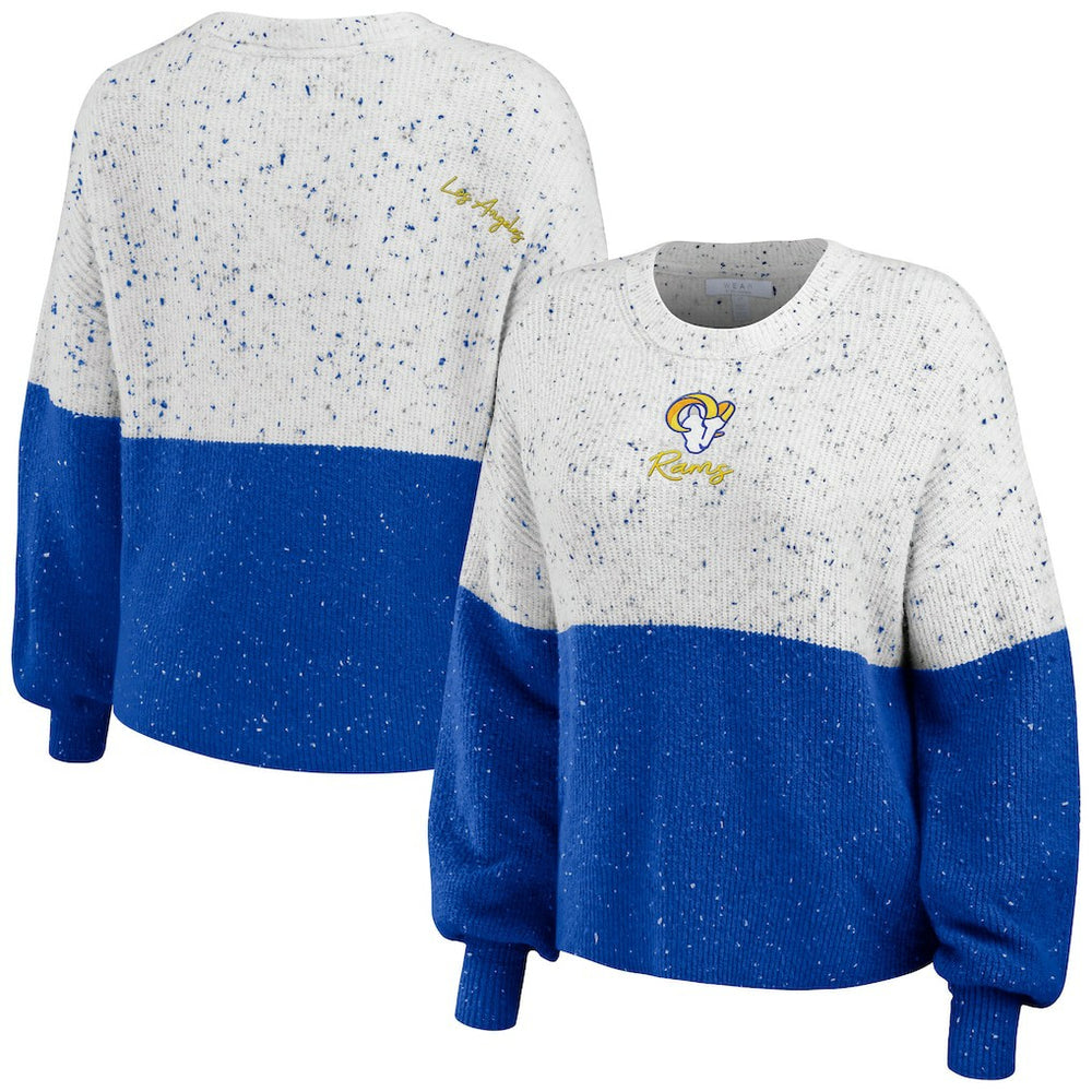 Los Angeles Rams WEAR by Erin Andrews Women's Lighweight Modest Crop Color-Block Pullover Sweater - White/Royal sale