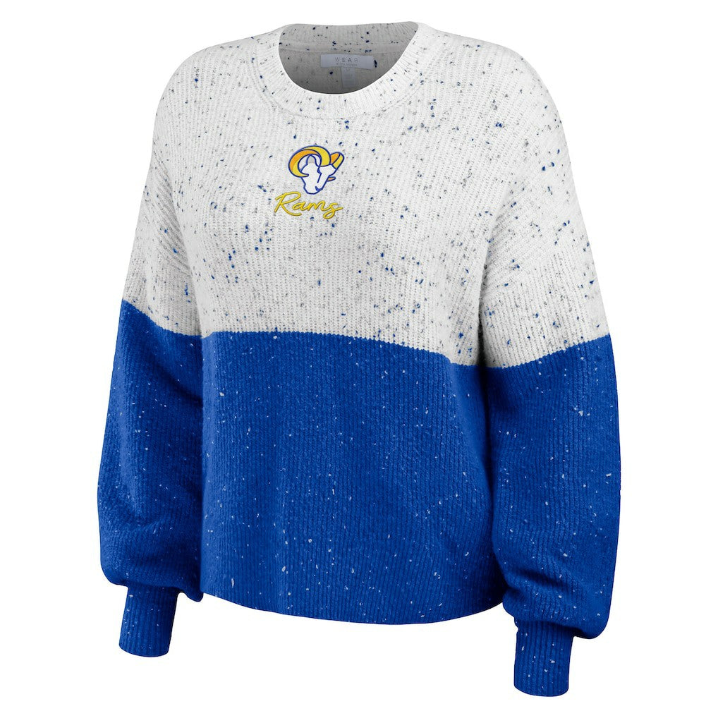 Los Angeles Rams WEAR by Erin Andrews Women's Lighweight Modest Crop Color-Block Pullover Sweater - White/Royal sale