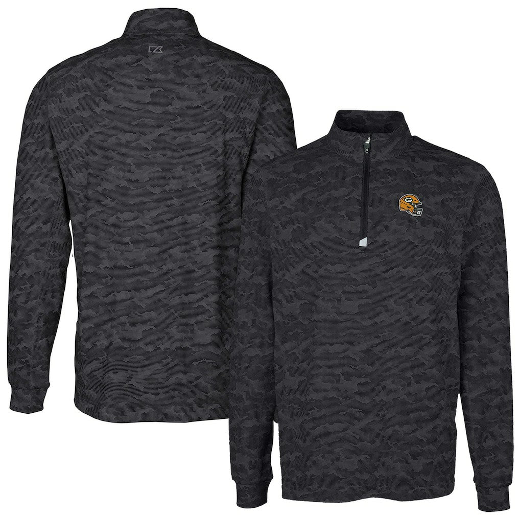 Green Bay Packers Cutter & Buck Helmet Traverse Camo Print Stretch Quarter-Zip Pullover Top - Black on sale