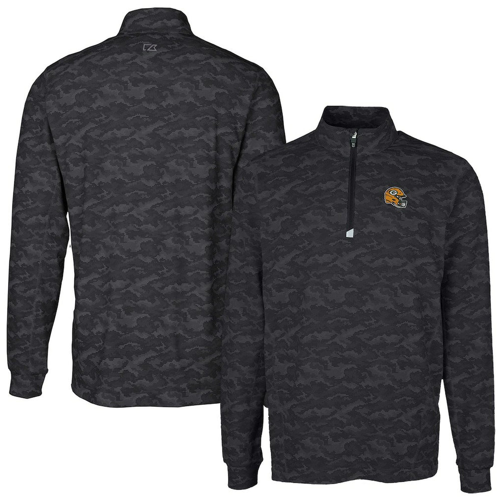 Green Bay Packers Cutter & Buck Helmet Traverse Camo Print Stretch Quarter-Zip Pullover Top - Black on sale
