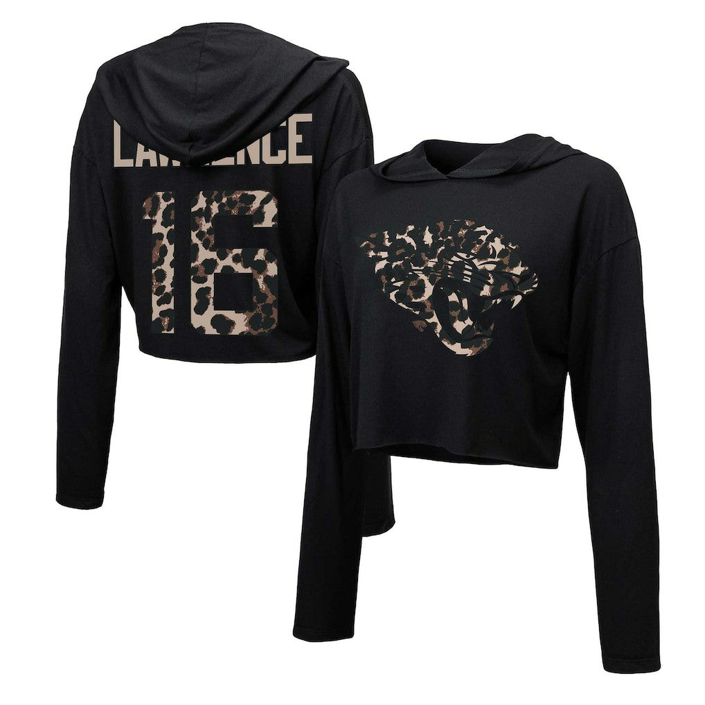 Trevor Lawrence Jacksonville Jaguars Majestic Threads Women's Leopard Player Name & Number Long Sleeve Cropped Hoodie - Black cheap