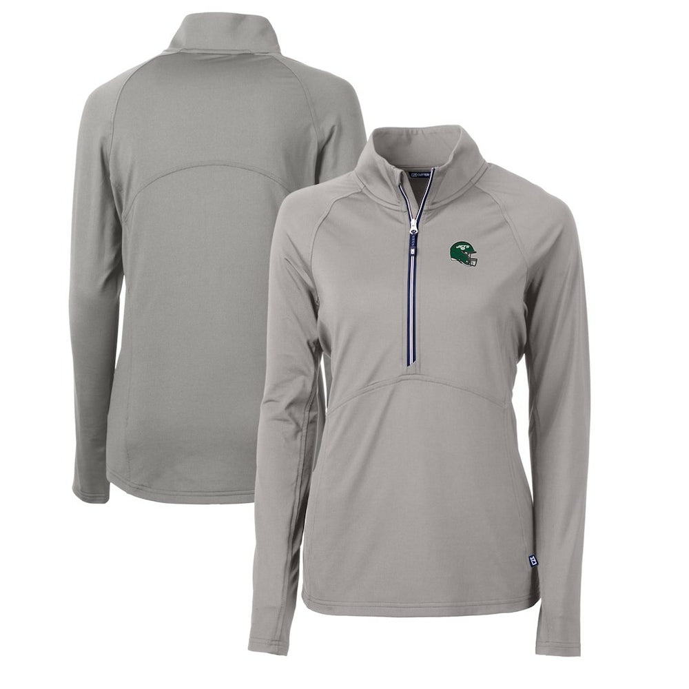New York Jets Cutter & Buck Women's Helmet Logo Adapt Eco Knit Stretch Recycled Half-Zip Pullover Top - Gray for sale