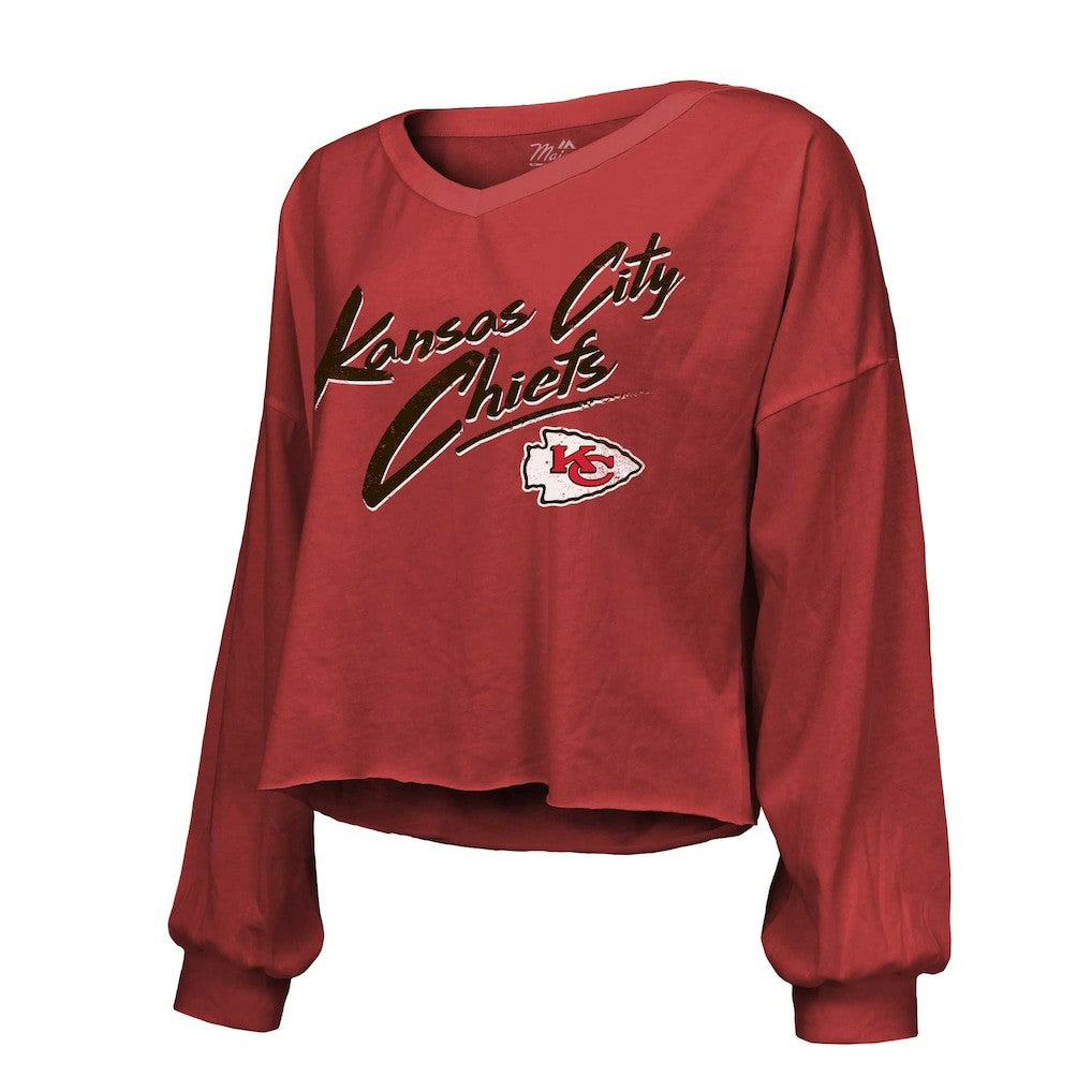 Patrick Mahomes Kansas City Chiefs Majestic Threads Women's Name & Number Off-Shoulder Script Cropped Long Sleeve Relaxed V-Neck T-Shirt - Red on sale