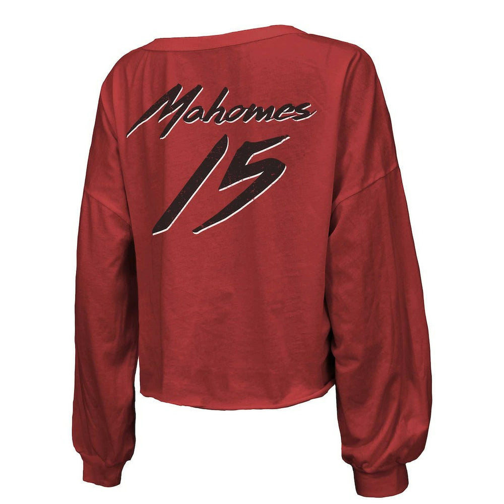 Patrick Mahomes Kansas City Chiefs Majestic Threads Women's Name & Number Off-Shoulder Script Cropped Long Sleeve Relaxed V-Neck T-Shirt - Red on sale