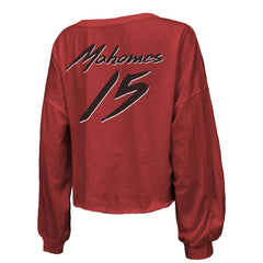 Patrick Mahomes Kansas City Chiefs Majestic Threads Women's Name & Number Off-Shoulder Script Cropped Long Sleeve Relaxed V-Neck T-Shirt - Red on sale
