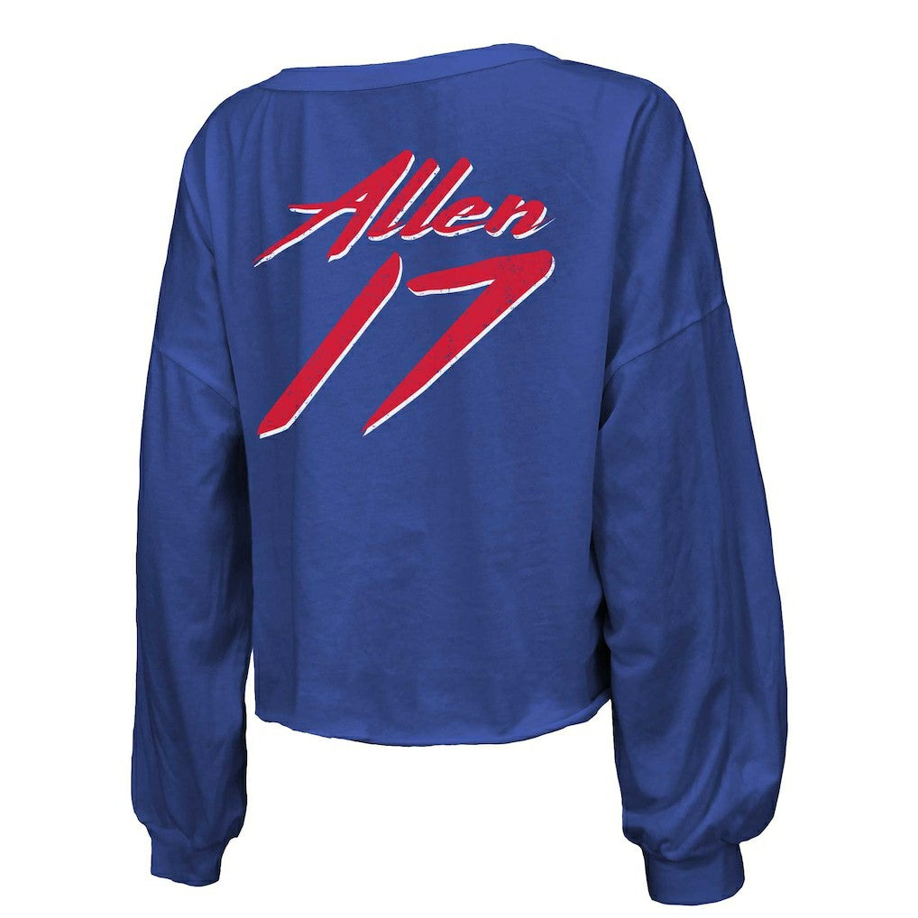 Josh Allen Buffalo Bills Majestic Threads Women's Name & Number Off-Shoulder Script Cropped Long Sleeve Relaxed V-Neck T-Shirt - Royal cheap