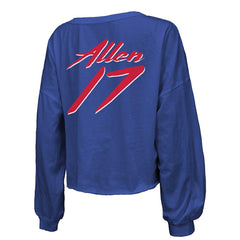 Josh Allen Buffalo Bills Majestic Threads Women's Name & Number Off-Shoulder Script Cropped Long Sleeve Relaxed V-Neck T-Shirt - Royal cheap