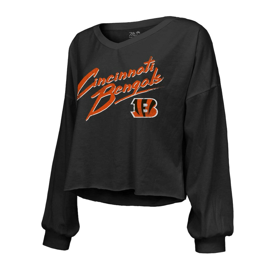 Joe Burrow Cincinnati Bengals Majestic Threads Women's Name & Number Off-Shoulder Script Cropped Long Sleeve Relaxed V-Neck T-Shirt - Black for sale