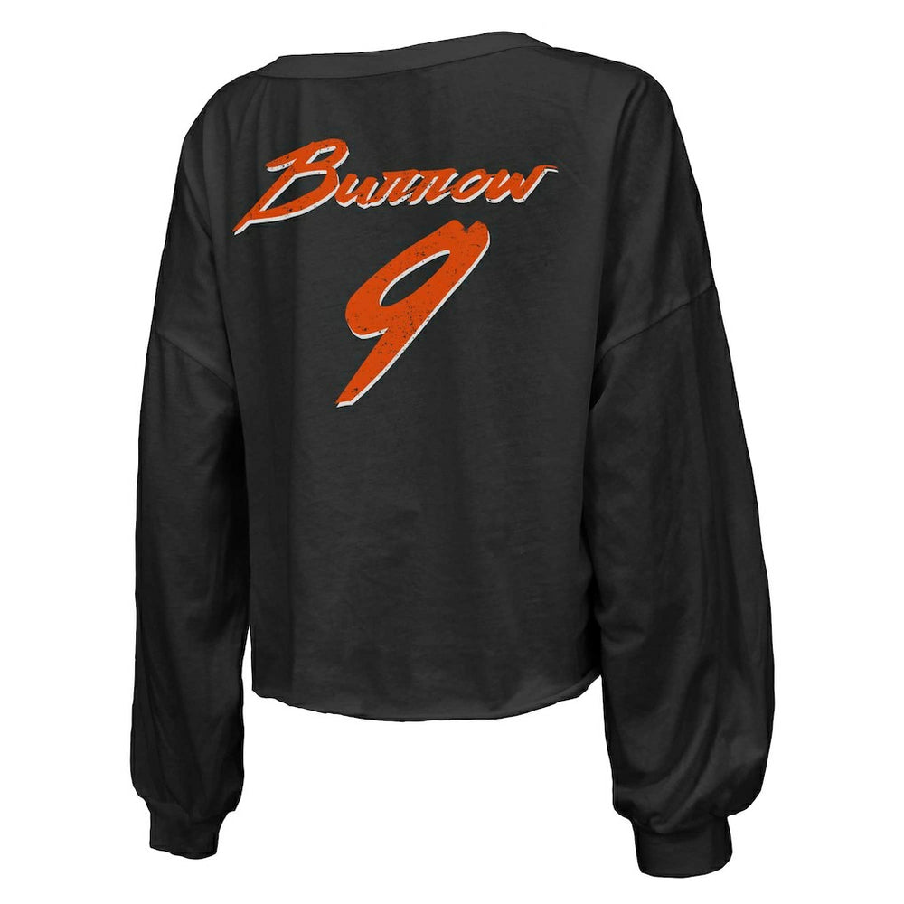 Joe Burrow Cincinnati Bengals Majestic Threads Women's Name & Number Off-Shoulder Script Cropped Long Sleeve Relaxed V-Neck T-Shirt - Black for sale