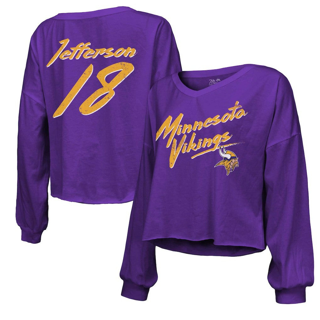 Justin Jefferson Minnesota Vikings Majestic Threads Women's Name & Number Off-Shoulder Script Cropped Long Sleeve V-Neck T-Shirt - Purple discount