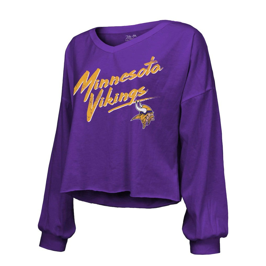 Justin Jefferson Minnesota Vikings Majestic Threads Women's Name & Number Off-Shoulder Script Cropped Long Sleeve V-Neck T-Shirt - Purple discount