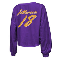 Justin Jefferson Minnesota Vikings Majestic Threads Women's Name & Number Off-Shoulder Script Cropped Long Sleeve V-Neck T-Shirt - Purple discount