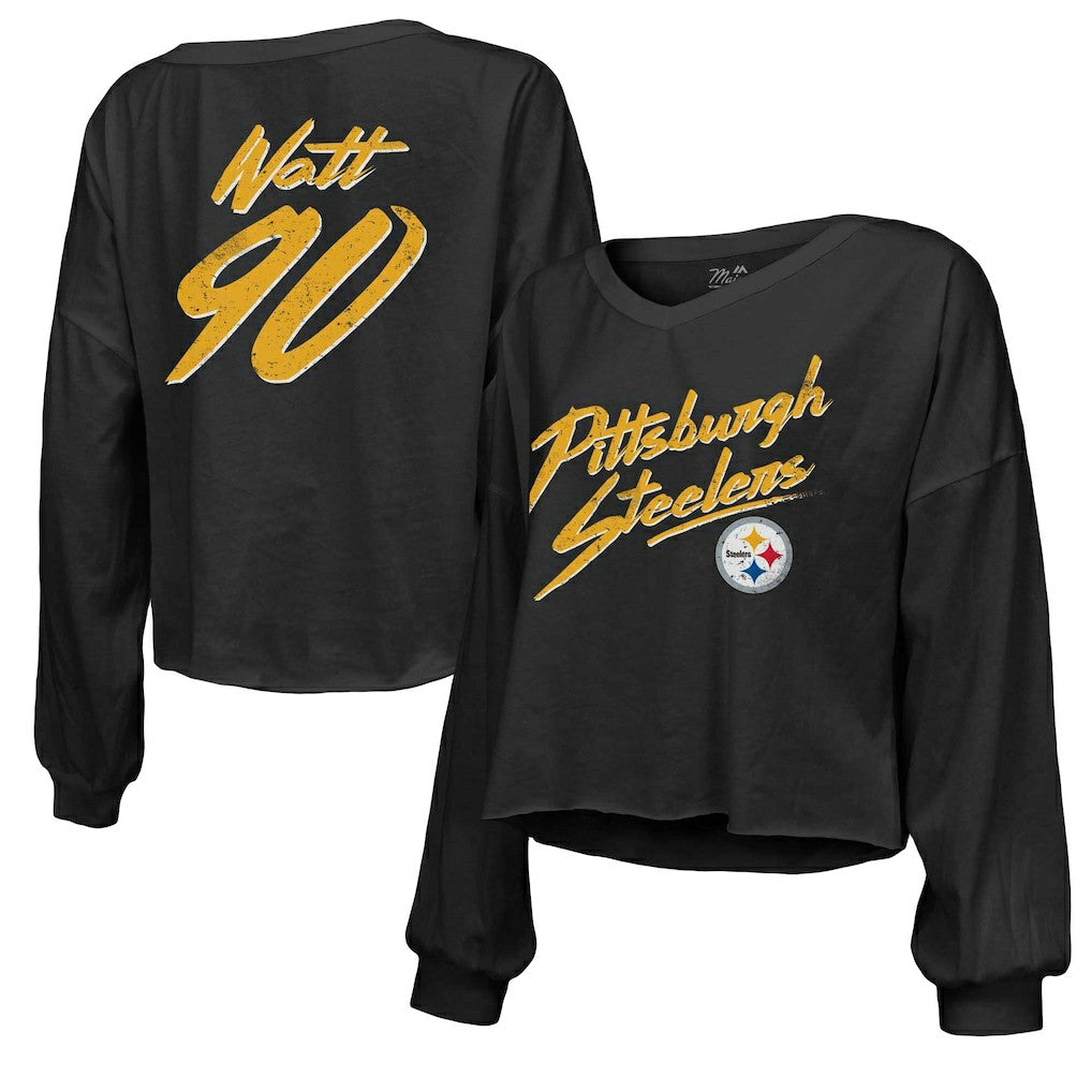 T.J. Watt Pittsburgh Steelers Majestic Threads Women's Name & Number Off-Shoulder Script Cropped Long Sleeve Relaxed V-Neck T-Shirt - Black outlet