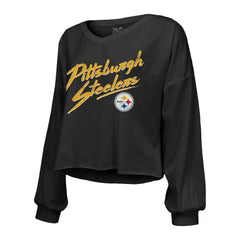 T.J. Watt Pittsburgh Steelers Majestic Threads Women's Name & Number Off-Shoulder Script Cropped Long Sleeve Relaxed V-Neck T-Shirt - Black outlet