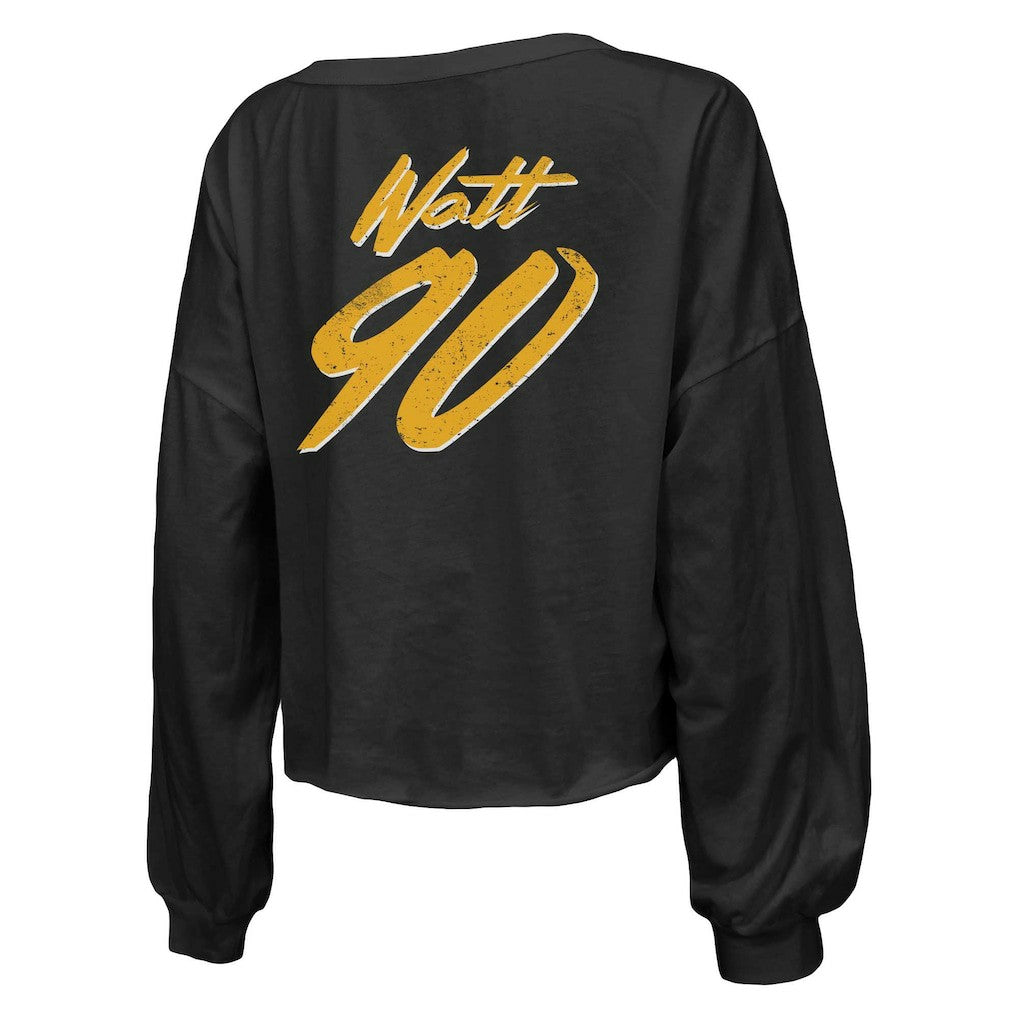 T.J. Watt Pittsburgh Steelers Majestic Threads Women's Name & Number Off-Shoulder Script Cropped Long Sleeve Relaxed V-Neck T-Shirt - Black outlet