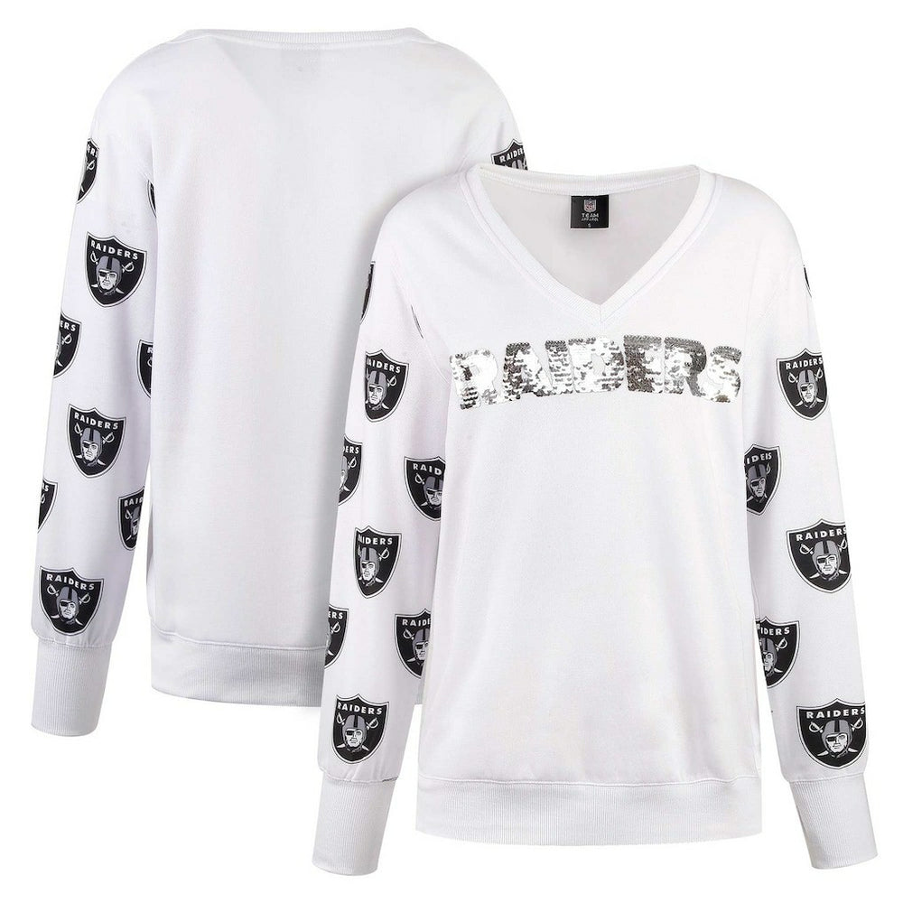 Las Vegas Raiders Cuce Women's Sequin Fleece V-Neck T-Shirt - White outlet
