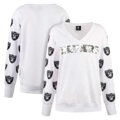 Las Vegas Raiders Cuce Women's Sequin Fleece V-Neck T-Shirt - White outlet