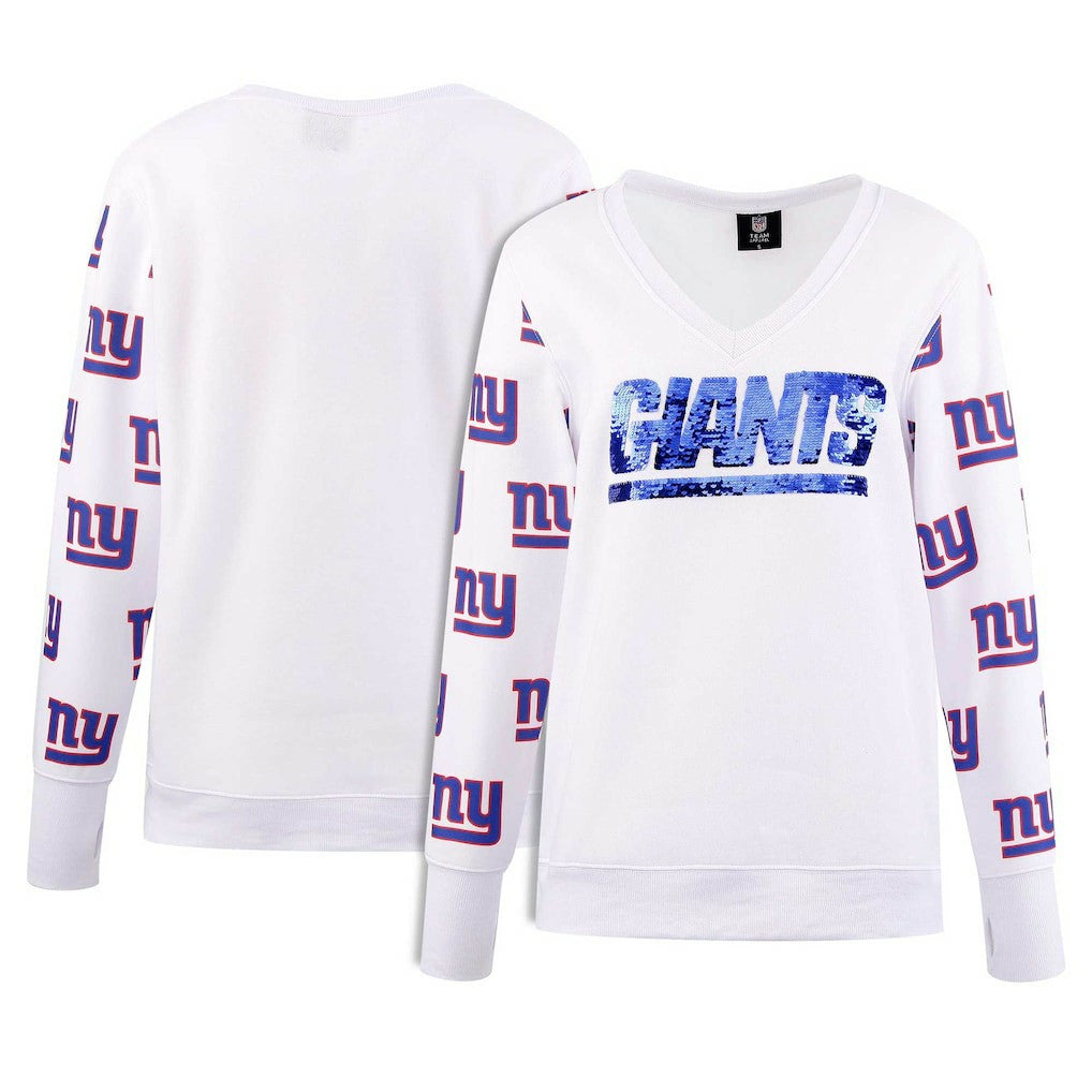 New York Giants Cuce Women's Sequin Fleece V-Neck T-Shirt - White online