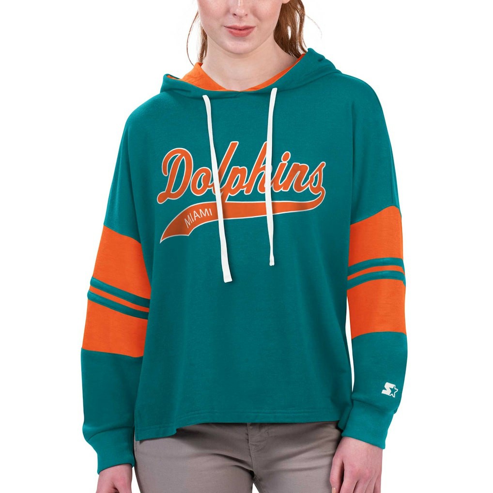 Miami Dolphins Starter Women's Bump And Run Long Sleeve Hoodie T-Shirt - Aqua on sale
