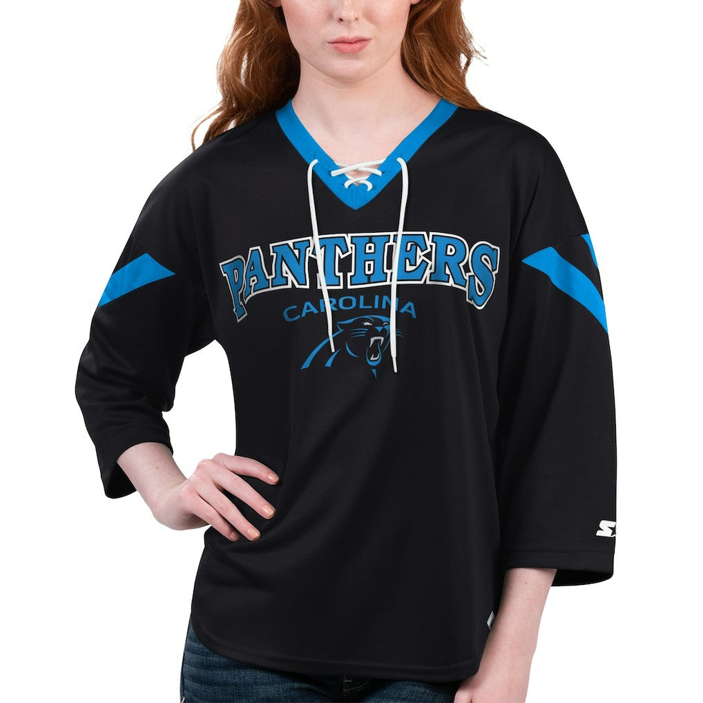 Carolina Panthers Starter Women's Rally Lace-Up 3/4 Sleeve T-Shirt - Black cheap