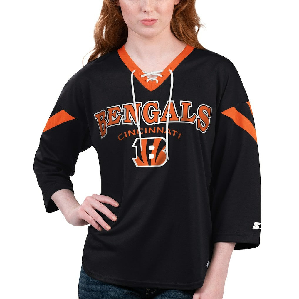 Cincinnati Bengals Starter Women's Rally Lace-Up 3/4 Sleeve T-Shirt - Black on sale