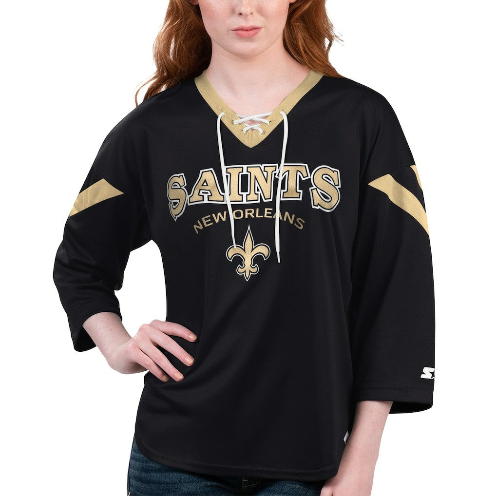 New Orleans Saints Starter Women's Rally Lace-Up 3/4 Sleeve T-Shirt - Black on sale