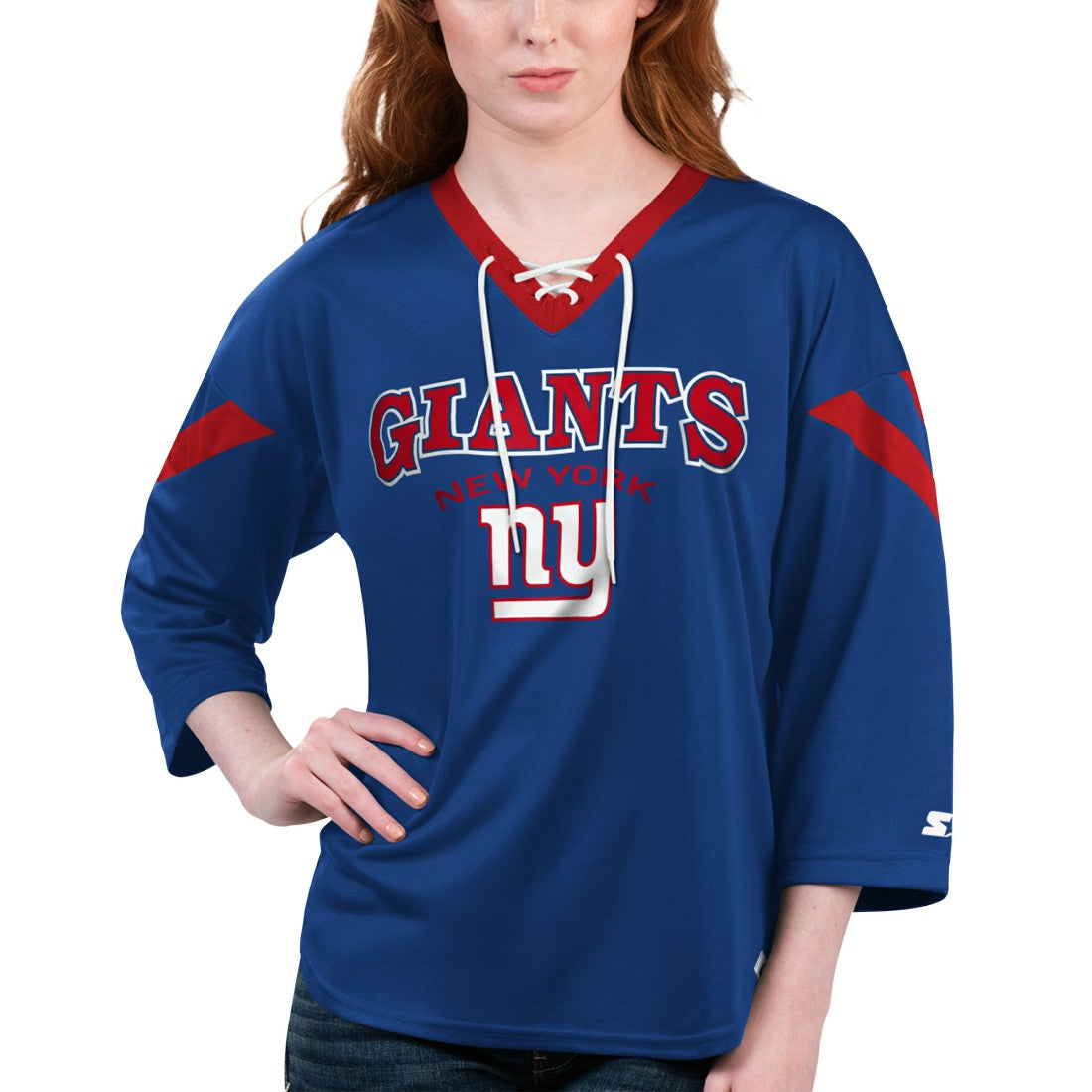 New York Giants Starter Women's Rally Lace-Up 3/4 Sleeve T-Shirt - Royal for sale