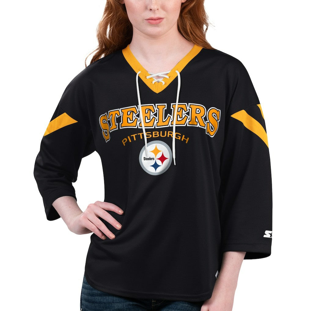 Pittsburgh Steelers Starter Women's Rally Lace-Up 3/4 Sleeve T-Shirt - Black outlet