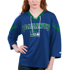 Seattle Seahawks Starter Women's Rally Lace-Up 3/4 Sleeve T-Shirt - Navy cheap