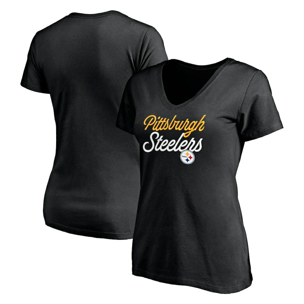 Pittsburgh Steelers Women's Long Stride V-Neck T-Shirt - Black discount