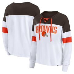 Cleveland Browns Women's Plus Size Even Match Lace-Up Long Sleeve V-Neck Top - White/Brown discount