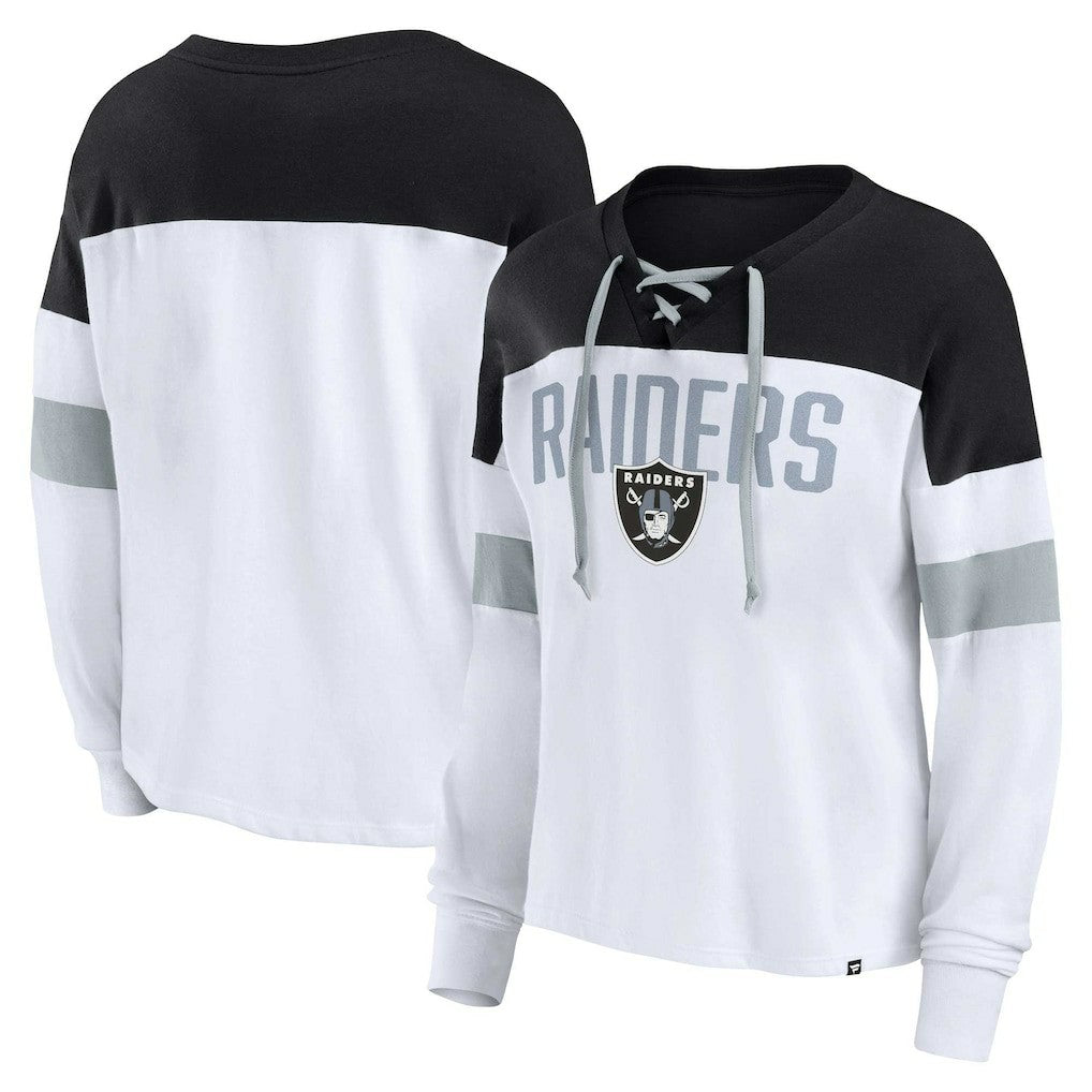 Las Vegas Raiders Women's Plus Size Even Match Lace-Up Long Sleeve V-Neck Top - White/Black discount