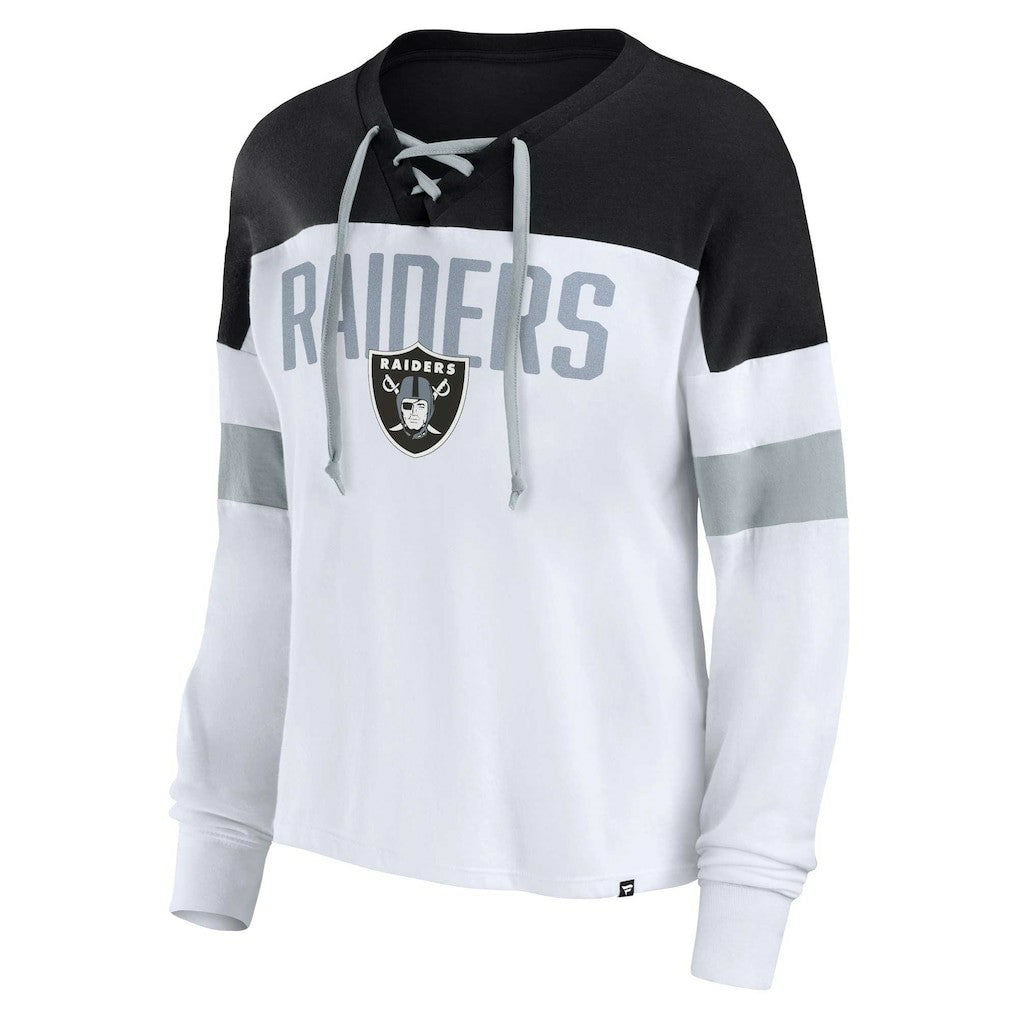 Las Vegas Raiders Women's Plus Size Even Match Lace-Up Long Sleeve V-Neck Top - White/Black discount