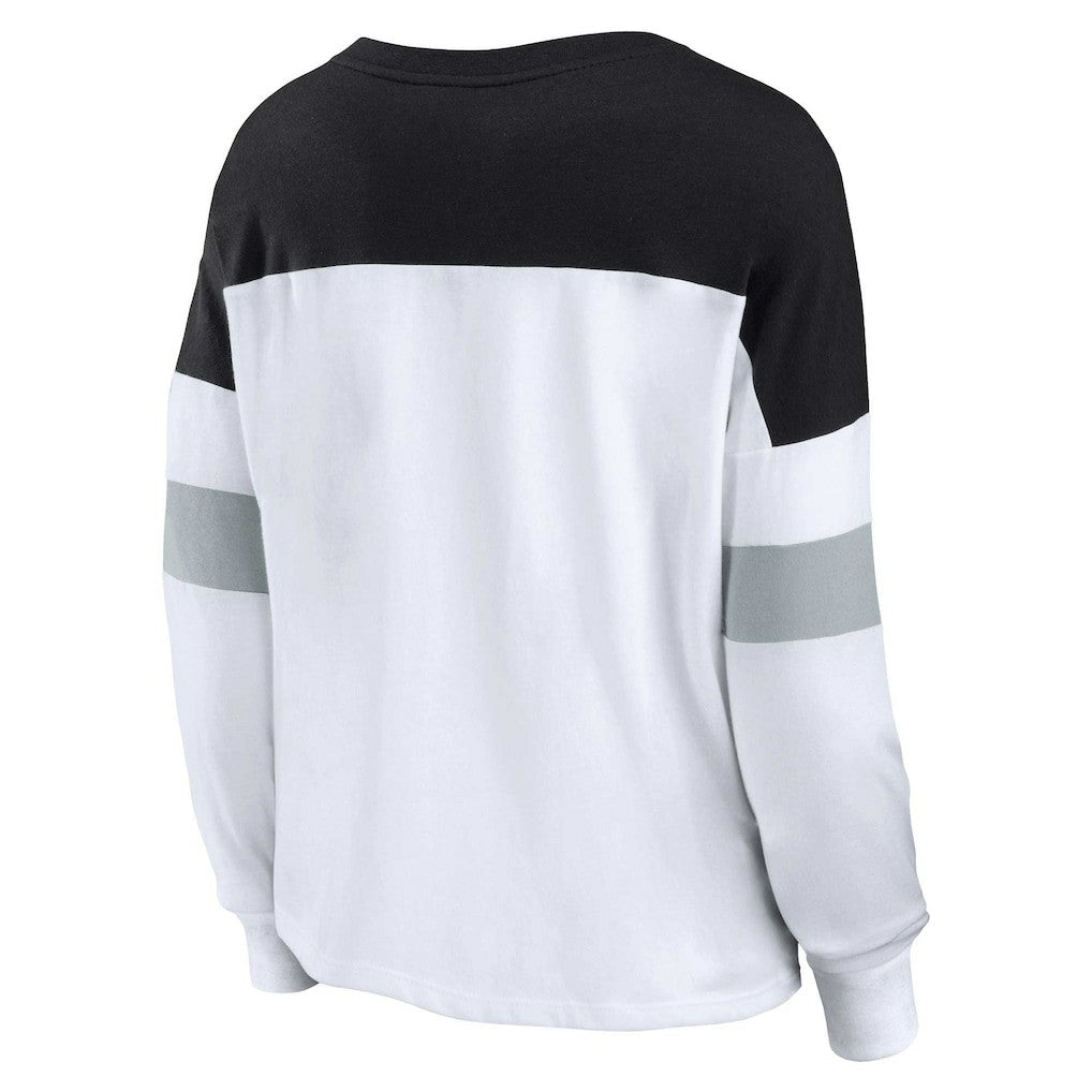 Las Vegas Raiders Women's Plus Size Even Match Lace-Up Long Sleeve V-Neck Top - White/Black discount