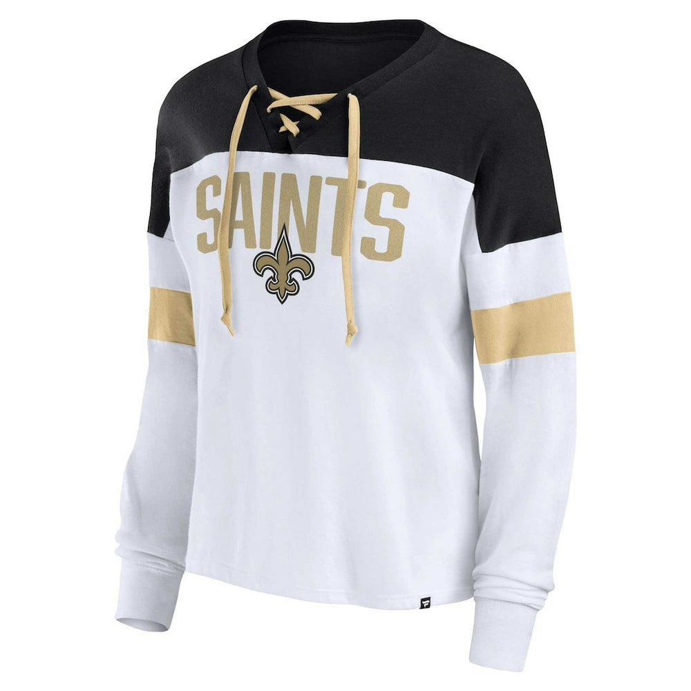 New Orleans Saints Women's Plus Size Even Match Lace-Up Long Sleeve V-Neck Top - White/Black for sale