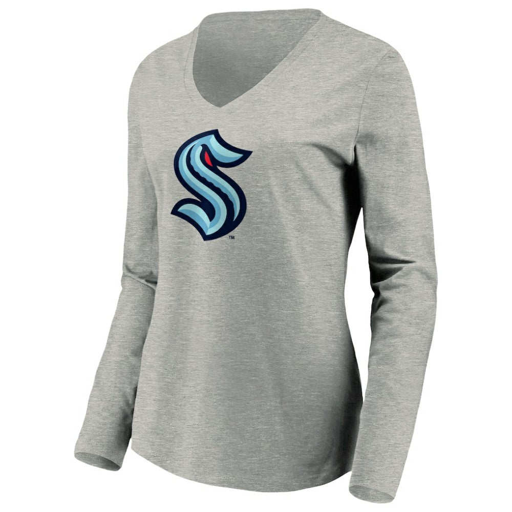 Seattle Kraken Women's Primary Logo V-Neck Long Sleeve T-Shirt - Gray T-shirts