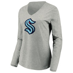 Seattle Kraken Women's Primary Logo V-Neck Long Sleeve T-Shirt - Gray T-shirts