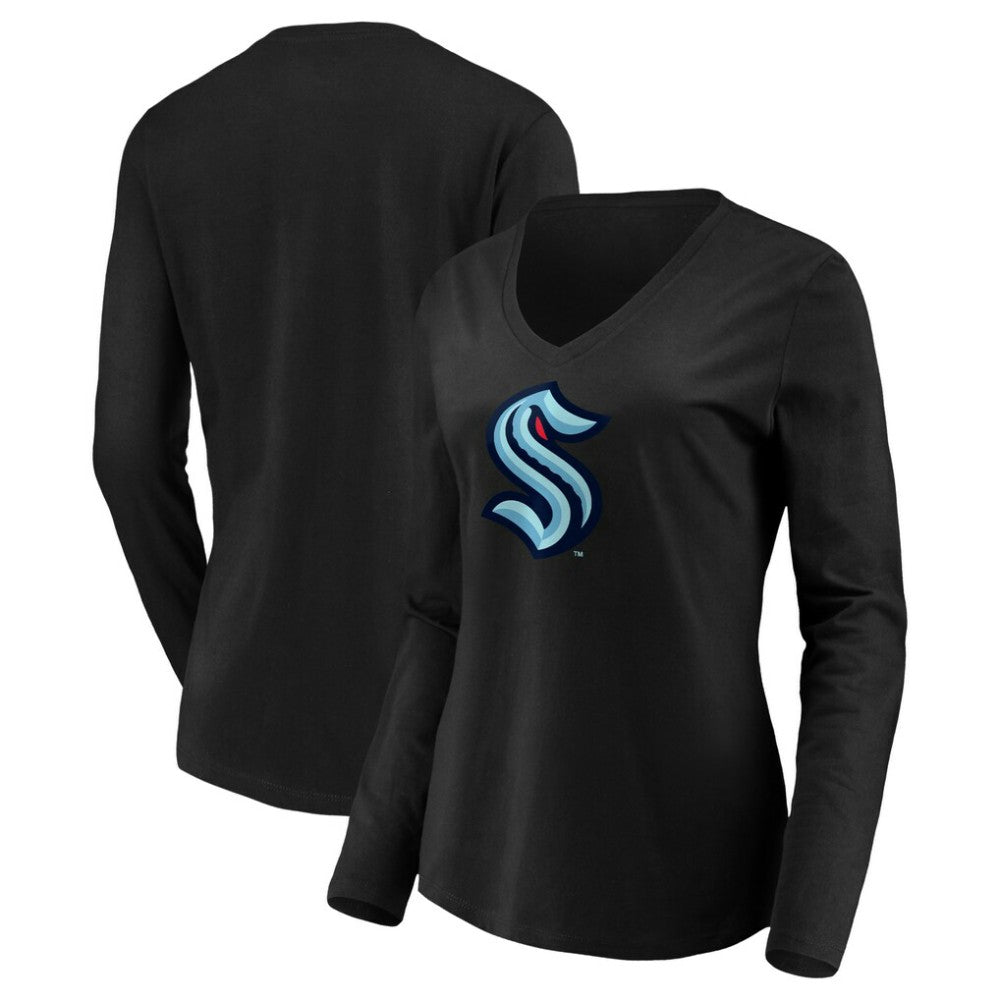 Seattle Kraken Women's Primary Logo V-Neck Long Sleeve T-Shirt - Black T-shirts