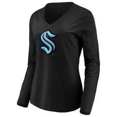 Seattle Kraken Women's Primary Logo V-Neck Long Sleeve T-Shirt - Black T-shirts