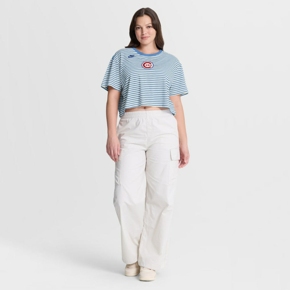 Chicago Cubs Women's Cooperstown Collection Striped Cropped T-Shirt Light Blue/Cream