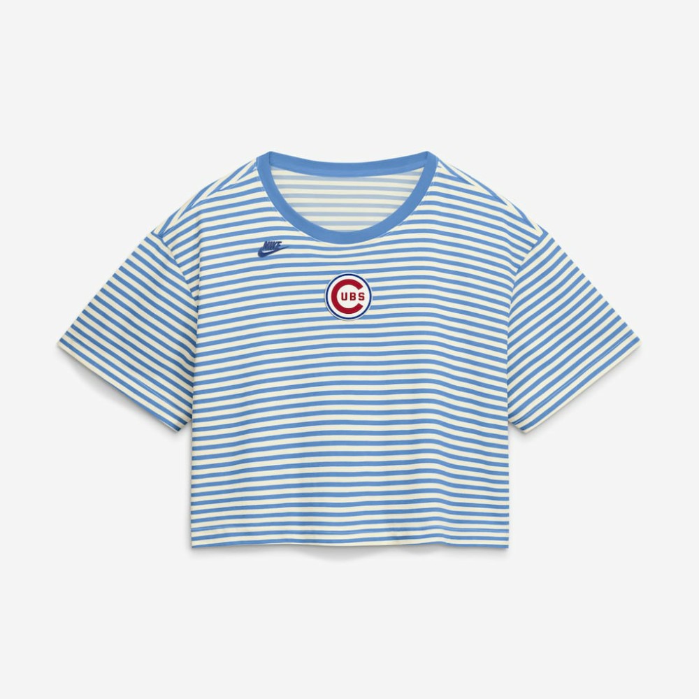 Chicago Cubs Women's Cooperstown Collection Striped Cropped T-Shirt Light Blue/Cream