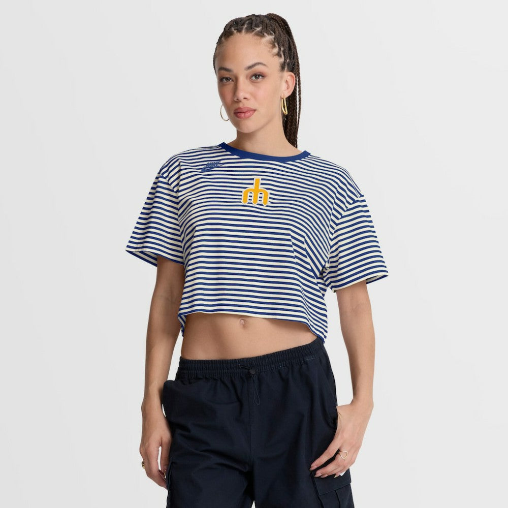 Seattle Mariners Women's Cooperstown Collection Striped Cropped T-Shirt Royal/Cream