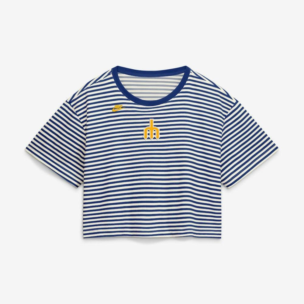 Seattle Mariners Women's Cooperstown Collection Striped Cropped T-Shirt Royal/Cream