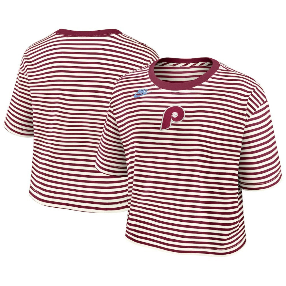 Philadelphia Phillies Women's Cooperstown Collection Striped Cropped T-Shirt Burgundy/Cream